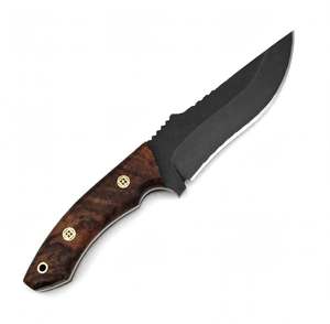 Cuchillo de Camping Personalizado Hecho a Mano de Acero Recubierto de Negro con Mango de Madera, Pernos de Mosaico y Orificio para Cordón - Product Image 1