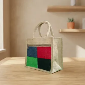 Sac de courses en jute, sac fourre-tout en toile de jute avec poignée en corde, fermeture à glissière, sac pliable pour courses et cadeaux - Product Image 1