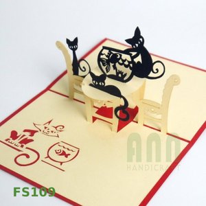 ANN HANDICRAFT Custom 3D Pop Paper Greeting Cards 'Cats Fish Friendship' Thanksgiving Thank You Gift 4-color Printed <b>Matte</b> - Product Image 3
