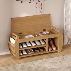 Retro Multifunctional Cushioned Storage Bench with Curved Side Panel Shoe Rack for Entrance and Living Room - Product Image 2
