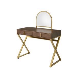 Coleen Walnut and Gold Finish <b>Makeup</b> <b>Vanity</b> Desk with Mirror and Jewelry Tray - Product Image 3