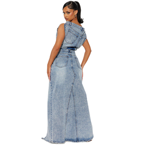 Robe en jean asymétrique à fente haute et poches, bleu délavé, style décontracté pour femme, collection été - Product Image 2