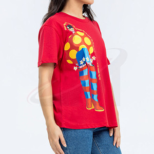 Camiseta Roja para Mujer con Estampado de Personajes, Cuello Redondo, Manga Corta, 100% Algodón, Corte Holgado, Ropa Casual de Primavera/Verano - Product Image 4