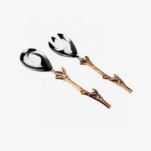 ชุดเสิร์ฟสลัดก้านหรูหราพร้อมที่จับดีไซน์ใบไม้ชุดเสิร์ฟอาหารนิ้วชุดเสิร์ฟสลัดช้อนและส้อม - Product Image 3