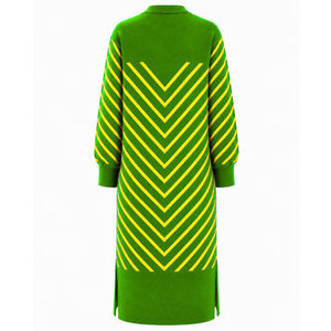 Chi Eta Phi Women's Longline Open Front <b>Cardigan</b> Green Yellow Striped Ribbed Cuffs Embroidered Duster <b>Sweater</b> With Side Slits - Product Image 5