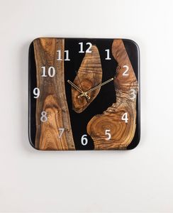 Reloj de Pared de Resina y Madera, Cuadrado, Decorativo, Fondo Negro, Grano de Madera Natural, para Dormitorio o Sala de Estar - Product Image 1
