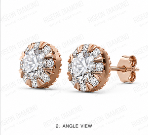Elegant floral inspired halo diamond stud earrings in 18K <b>rose</b> gold with round center stone and petal accent diamonds for sparkl - Product Image 5