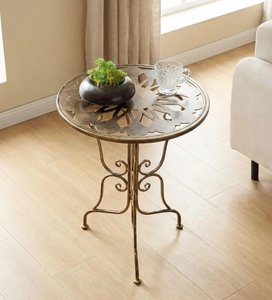 Mesa Auxiliar de Hierro Forjado Dorado Antiguo con Tapa Decorativa Calada y Patas Curvas con Volteado, Pequeña Mesa de Centro para Sala de Estar - Product Image 5