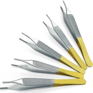 Pinces chirurgicales Adson en T/C de qualité supérieure, 4,75 po, pointe fine droite, inserts en carbure de tungstène, manche doré, certifiées CE - Product Image 1