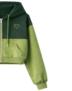 Ensemble deux pièces décontracté pour femme : sweat à capuche court zippé et short cargo imprimé cœur, color block vert foncé et vert clair, en polyester et coton - Product Image 3