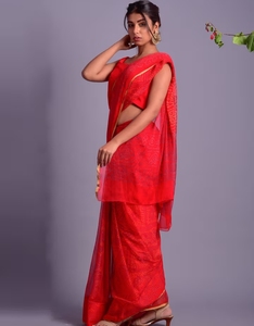 KV <b>Red</b> Chiffon <b>Saree</b> With Blue Bandhani Print With Unstitched Blouse - Product Image 5