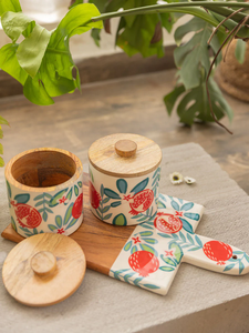 Pot à épices en bois naturel artisanal, écologique, avec couvercle en bois, motif feuille rétro, revêtement émaillé, récipient de stockage hermétique pour la cuisine - Product Image 6