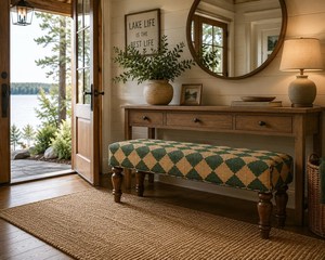 Banco tapizado artesanal de madera con lana y yute, diseño 'Green Diamond', estilo rústico, para recibidor, dormitorio, extremo de cama, otomana o asiento decorativo - Product Image 1