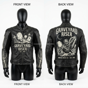 Blouson de moto en cuir pour homme Graveyard Riser, gris et noir, effet vieilli, style motard, avec motifs pierre tombale et squelette, personnalisé, streetwear - Product Image 1