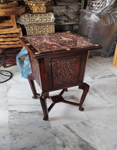 Hand Carved Arabian Islamic Square Solid Wood Dining <b>Table</b> <b>Marble</b> <b>Top</b> 4 Seater Antique Look Dining Room Furniture for Room - Product Image 2