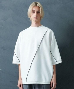 Men's Oversized <b>White</b> Knitted 100% Cotton Breathable Short Sleeve O-Neck <b>T</b>-<b>Shirt</b> Contrast Trim Minimalist/Normcore Style <b>Plain</b> - Product Image 1