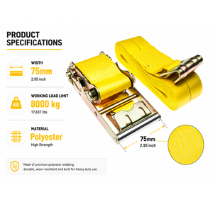 Sangle d'arrimage à cliquet robuste de 75 mm et 8000 kg avec crochets en fil métallique, en polyester, pour cargaison, certifiée CE, marque PROVINA, fabriquée au Vietnam (OEM) - Product Image 3