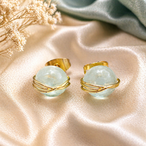 Wire Wrapped Aquamarine Earrings | Round Blue Stone <b>Studs</b> | Handmade Jewelry Gift - Product Image 1