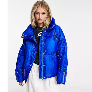 Veste d'hiver courte pour femme, bleue, brillante, matelassée, col montant, fermeture éclair - Product Image 6
