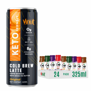 เครื่องดื่มกาแฟคีโต อาราบิก้า โรบัสต้า เบลนด์ กระป๋องอะลูมิเนียม 320 มล. ไม่ใช่จีเอ็มโอ ปราศจากนม วินัท รับผลิตแบบ OEM ODM แบรนด์ส่วนตัว ขายส่ง บริกซ์ 6% - Product Image 1