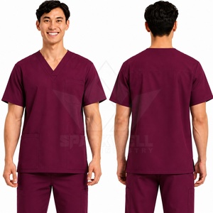 Haut de blouse médicale gris pour homme, col en V, manches courtes, en coton et polyester tissé, respirant, multi-poches, pour le travail en milieu médical, hospitalier et de soins infirmiers - Product Image 2