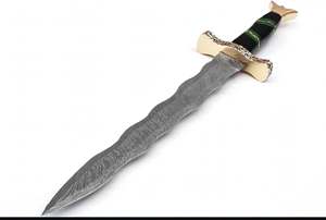 Couteau artisanal en acier Damas à flamme ondulée, avec manche en bois vert et corne noire, et garde en laiton à motifs - Product Image 3