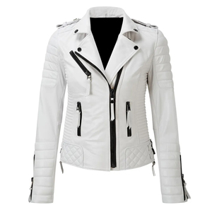 White PU Leather Windproof Women's Moto <b>Jacket</b> Quilted Zipper Closure Stand Collar Full Sleeve Spring Summer Autumn - Product Image 1