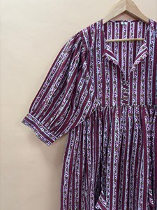 <b>Boho</b> Style Striped Hand Block Print Cotton Midi <b>Dress</b> With Tie-Neck Short Sleeve <b>Summer</b> Casual <b>Dress</b> For Women - Product Image 3