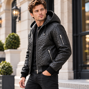 <b>Men</b>’s Embossed Black Ostrich <b>Leather</b> Hooded <b>Bomber</b> Jacket /<b>Leather</b> Puffer Style with Textured Finish for <b>Men</b> - Product Image 3
