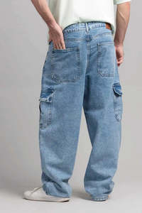 Jean cargo bleu clair pour homme, taille haute, coupe ample, en denim délavé, coton, style décontracté printemps - Product Image 3