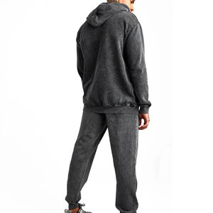 Sweat-shirt à capuche gris foncé pour homme, manches longues, couleur unie, coton lavé, coupe décontractée ample avec cordon de serrage et poches latérales - Product Image 4