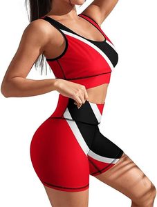 Ensemble de sport 2 pièces pour femme, imprimé rouge, noir et blanc, respirant, tricoté, short de sport et haut court, style sportif printemps-été - Product Image 2