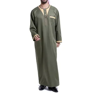 Qamis islamique en coton pour homme, manches longues, coupe régulière, longueur cheville, brodé, col montant, séchage rapide, respirant, couleur unie - Product Image 6