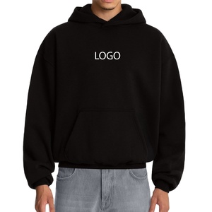 เสื้อฮู้ดดี้โอเวอร์ไซส์สีดำสำหรับผู้ชาย ผ้าฝ้ายฟลีซหนานุ่ม ทรงบ็อกซี่ ไหล่ตก สไตล์สตรีทแวร์ รับสกรีนโลโก้ ขั้นต่ำในการสั่งซื้อน้อย - Product Image 1