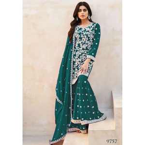 DISEÑADOR GEORGETTE BORDADO SECUENCIA TRABAJO TOP PALAZZO CON DUPATTA RAMA - Product Image 1