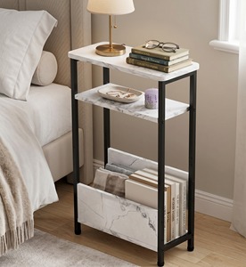 Modern Slim <b>Side</b> <b>Table</b> Marble Pattern 3 Tier End Coffee <b>Table</b> Black Metal Frame Narrow Sofa Bedside Magazine <b>Storage</b> Rack Shelf - Product Image 2
