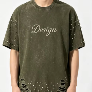 เสื้อยืดผู้ชายทรงหลวมสไตล์สตรีทแวร์ ผ้าฝ้าย คอตตอน ทรงโอเวอร์ไซส์ แบบลำลอง ผลิตขายส่ง พร้อมดีเทลแต่งขอบแบบดิสเทรส - Product Image 1