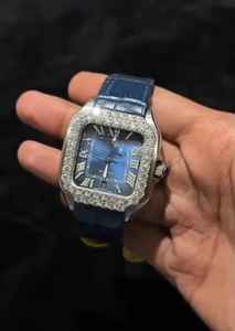 Montre personnalisée pour homme avec lunette en moissanite uniquement et bracelet en cuir bleu - Product Image 2