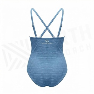 Traje de baño de una pieza para mujer, azul liso, texturizado, elástico, tipo bandeau con detalle de nudo fruncido en la parte delantera - Product Image 2