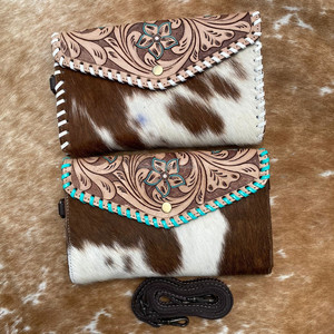 Nueva cartera cruzada de cuero con pelo en la mano para mujer, bolso de mano de cuero genuino occidental, bolso de mano de viaje Floral con correa - Product Image 4