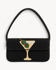 Handcrafted <b>Black</b> Beaded Shoulder <b>Bag</b> Martini Glass Cocktail Motif <b>Evening</b> Handbag Long Strap Women Wholesale Supplier - Product Image 2