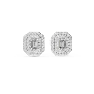 Pendientes de oro macizo de 18 quilates con diamantes de laboratorio de corte esmeralda, doble halo y microengaste, joyería fina para mujer - Product Image 5