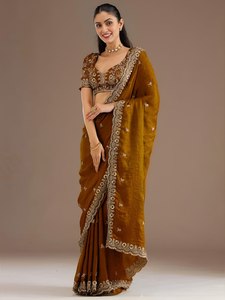 Mustard Velvet Embroidered Saree Beaded Border Blouse Pavadai Traditional Women Wedding Party <b>Dress</b> - Product Image 3