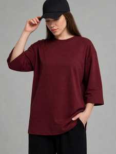 Women Solid Maroon Three Quarter Sleeve <b>Top</b> <b>And</b> <b>Black</b> Wide Leg Pants Two Piece Casual <b>Set</b> - Product Image 3