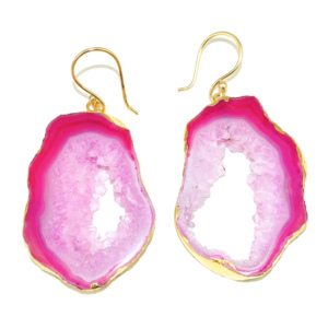 Boucles d'oreilles pendantes fantaisie en forme de géode drusy rose plaqué or 22 carats pour femmes, vente en gros pour filles - Product Image 1