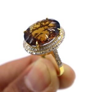 Anillo de Plata de Ley 925 Chapado en Oro con Cuarzo Natural Color Miel y Diamantes, Anillo de Regalo con Piedras Preciosas para Mujer - Product Image 2