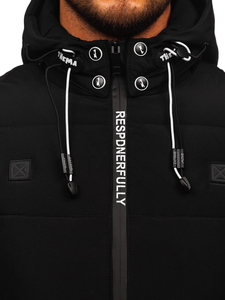 Chaqueta acolchada negra con capucha para hombre, con cierre de cremallera y logotipo en la manga, abrigo informal de invierno con relleno grueso de poliéster - Product Image 3