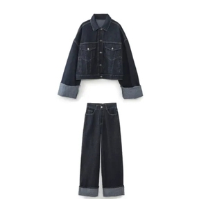 Loose Smooth Urban Style Denim Suit Elegant Casual Wide Leg Long <b>Pant</b> Comfortable Suit - Product Image 1