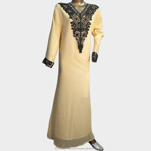 Champagne Beige Luxury <b>Kaftan</b> Dress with <b>Black</b> Embroidered Neckline and Cuff Detail Party Wear - Product Image 1