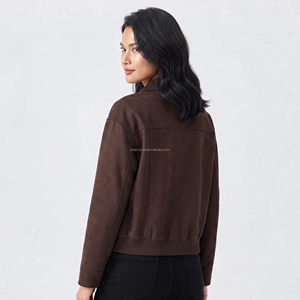 Women's Olive Green <b>Suede</b> Utility <b>Jacket</b> With Turn-Down Collar And Zipper Pockets Autumn Style - Product Image 4